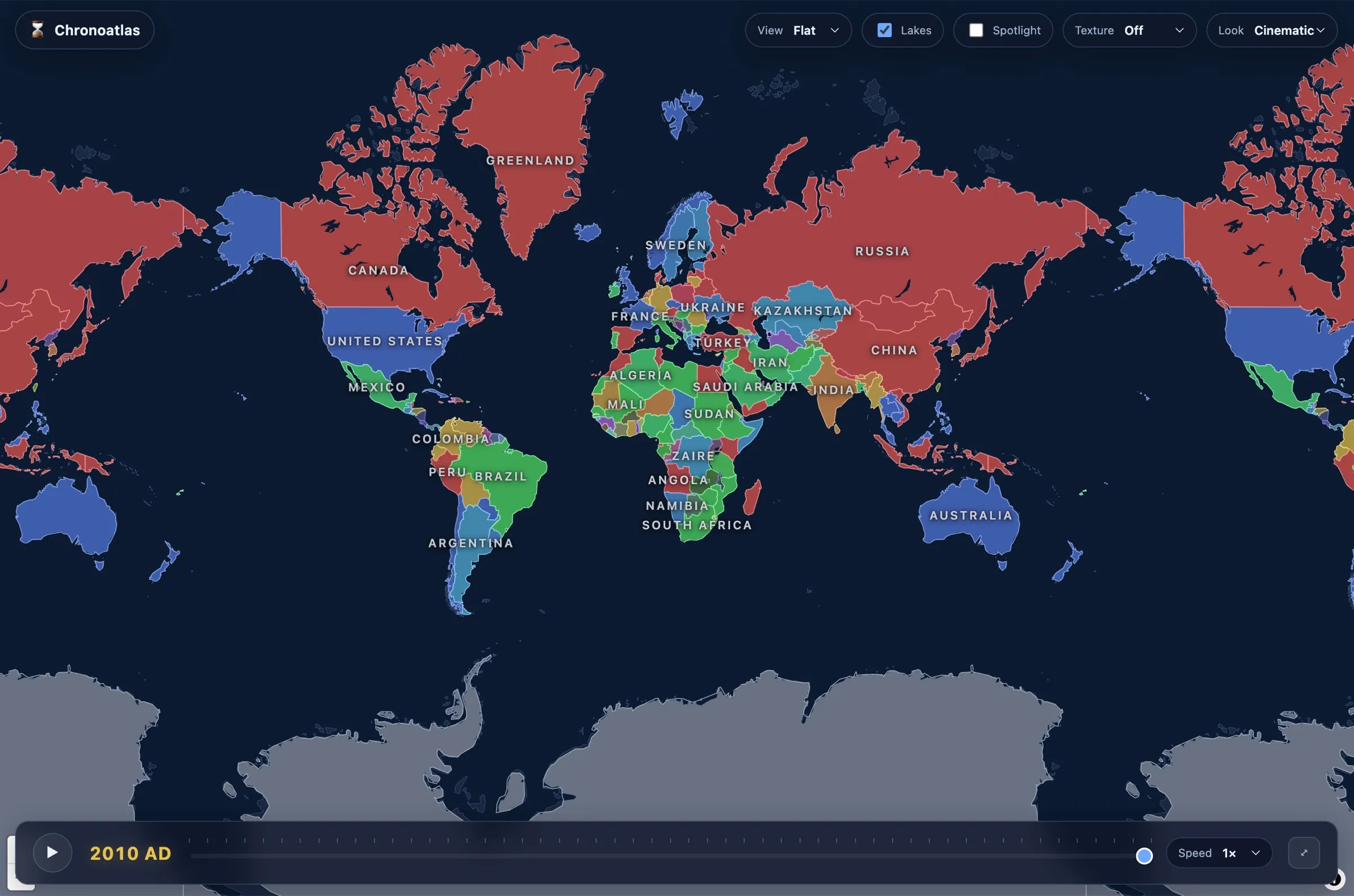 Chronoatlas showing a flat world map colored by country, with a timeline set to 2010