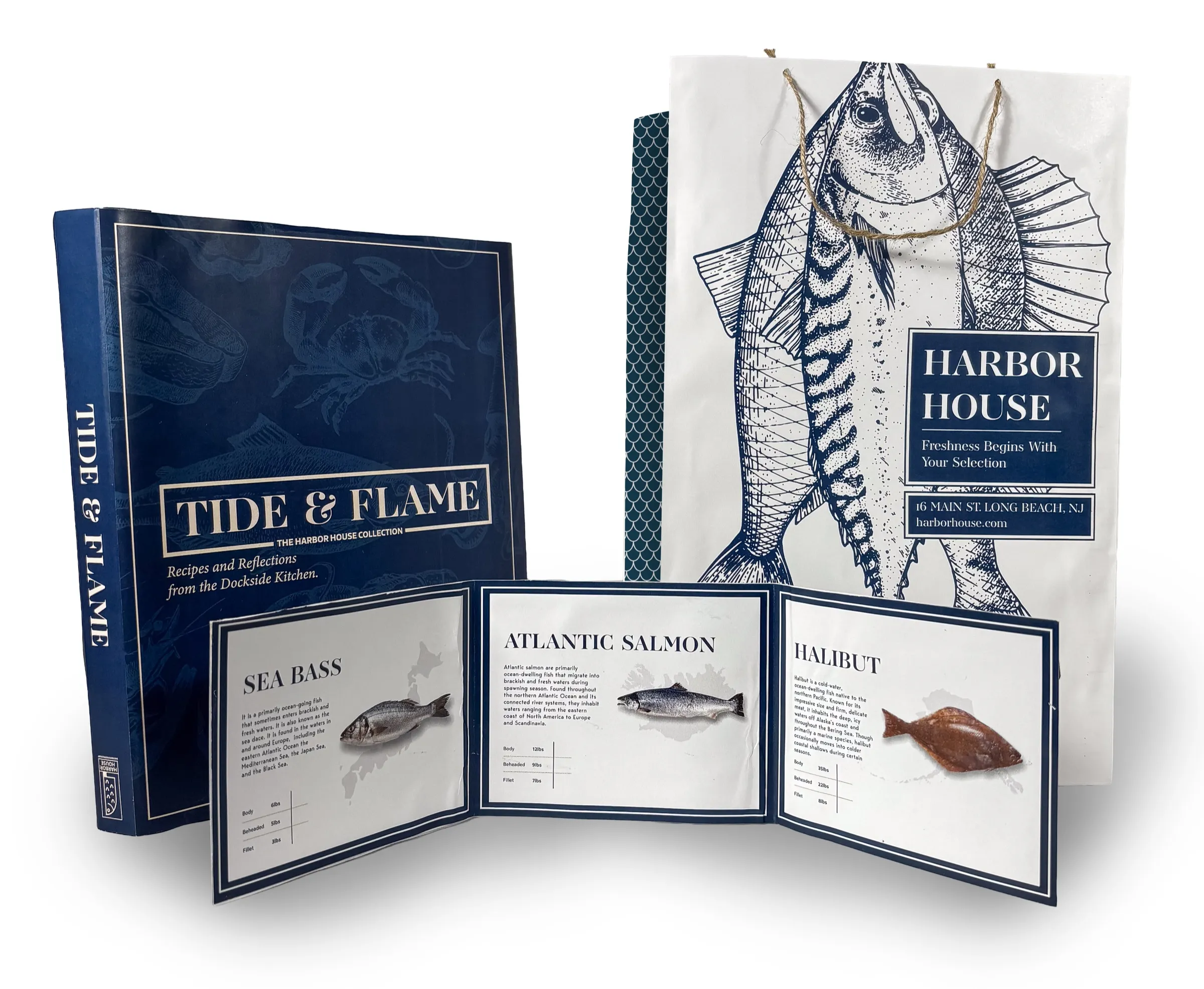 Harbor House cookbook, tri-fold menu and shopping bag