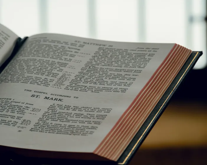 An open book on a table, lit by a window