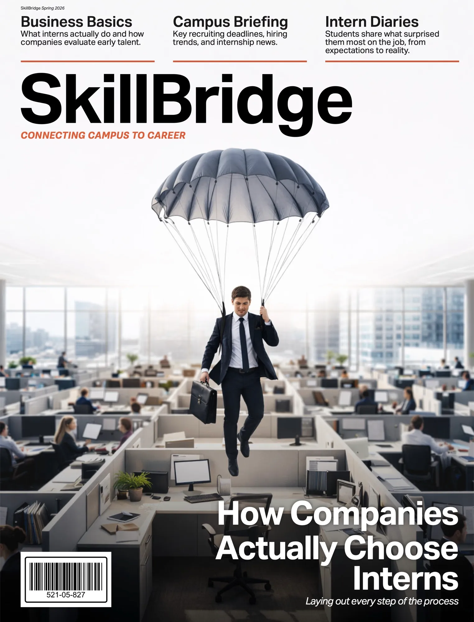 SkillBridge cover, a man in a suit parachuting into an open-plan office