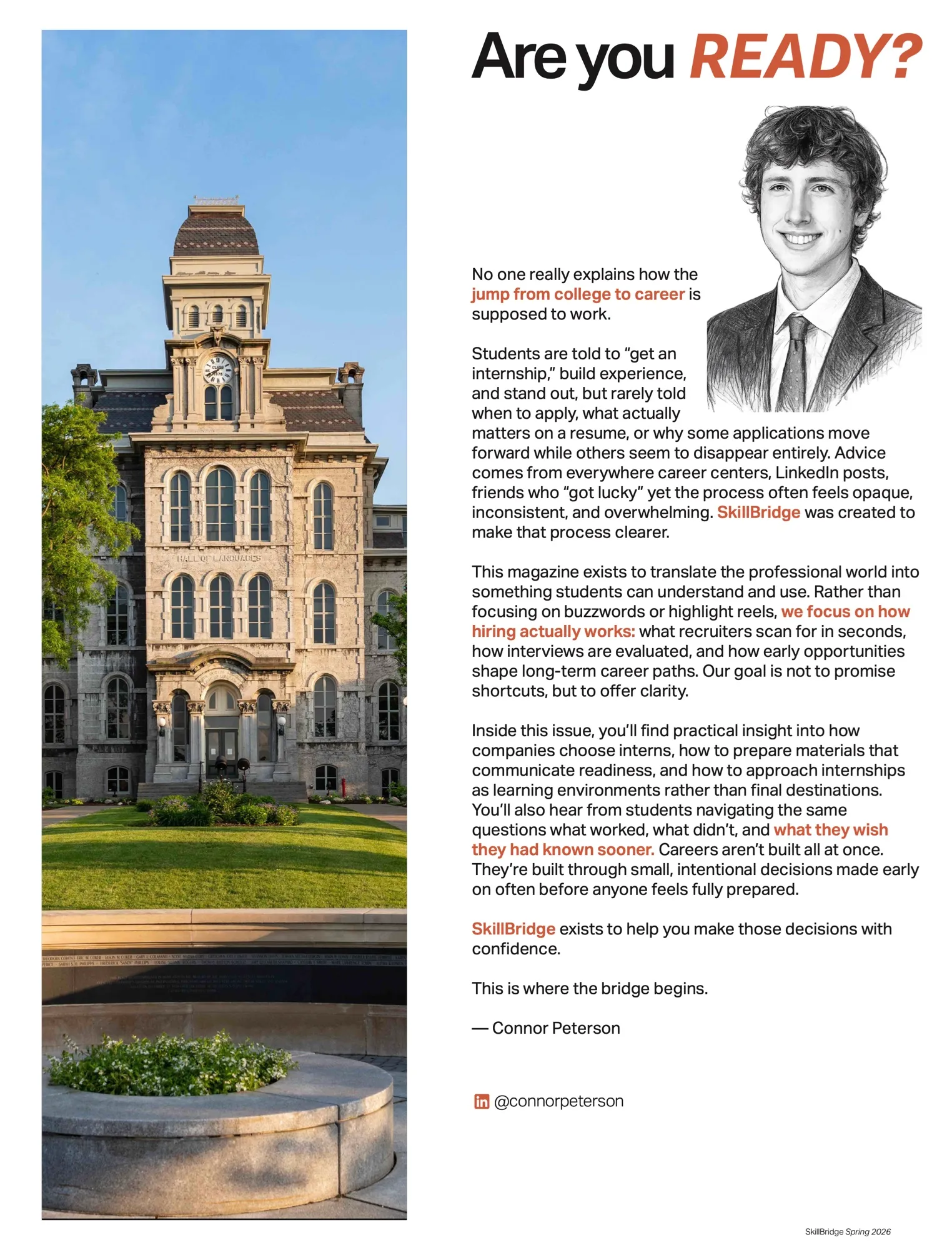 Editor's letter spread with a photo of the Hall of Languages